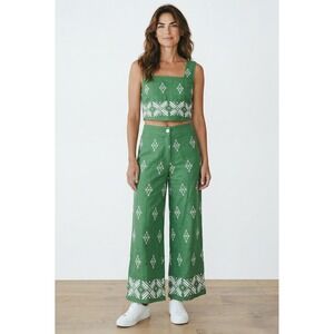 Haute Hippie Style Green Linen Blend Embroidered Crop Top & Wide Leg Pant Set S